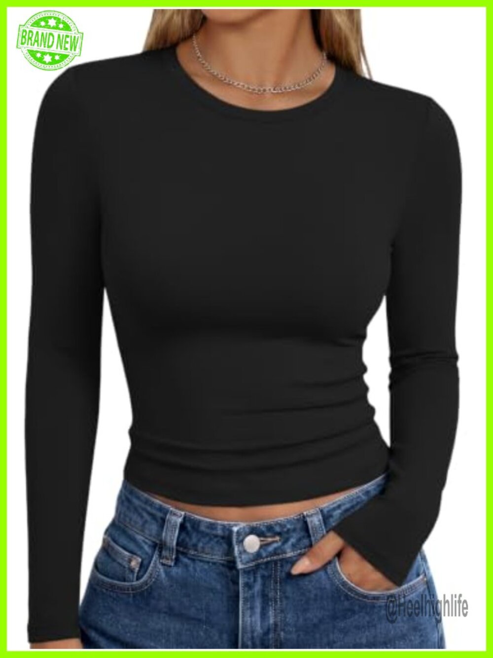Womens Long Sleeve Slim Fit Crew Neck Crop Top Y2K Casual Basic Tee